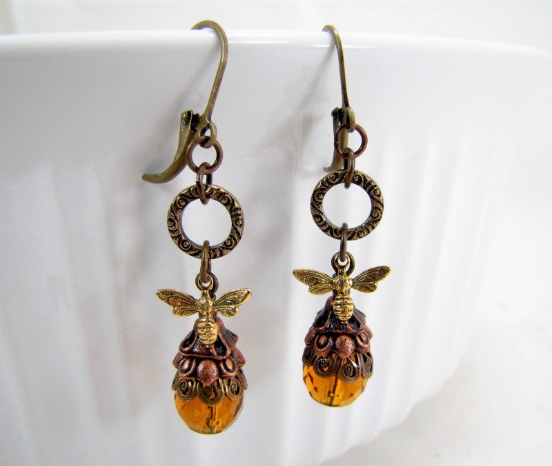 Honey Bee Jewelry, Honey, Topaz Glass Earrings