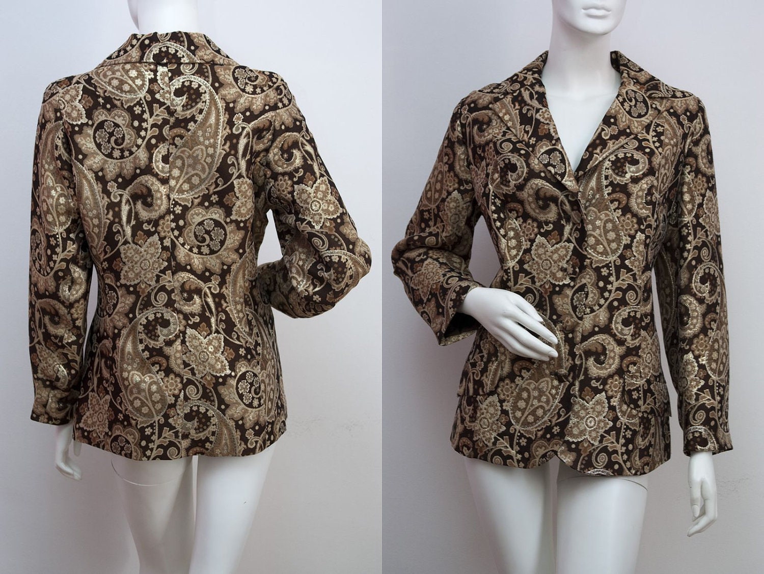 Vintage Jacket Brown and Gold Brocade Paisley Designer Jacket by VERA MONT Size Medium c.1960s