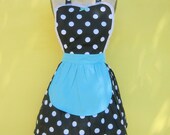 retro apron  ..... RETRO black polka dot apron with turquoise fifties details sexy hostess gift vintage inspired womens full apron