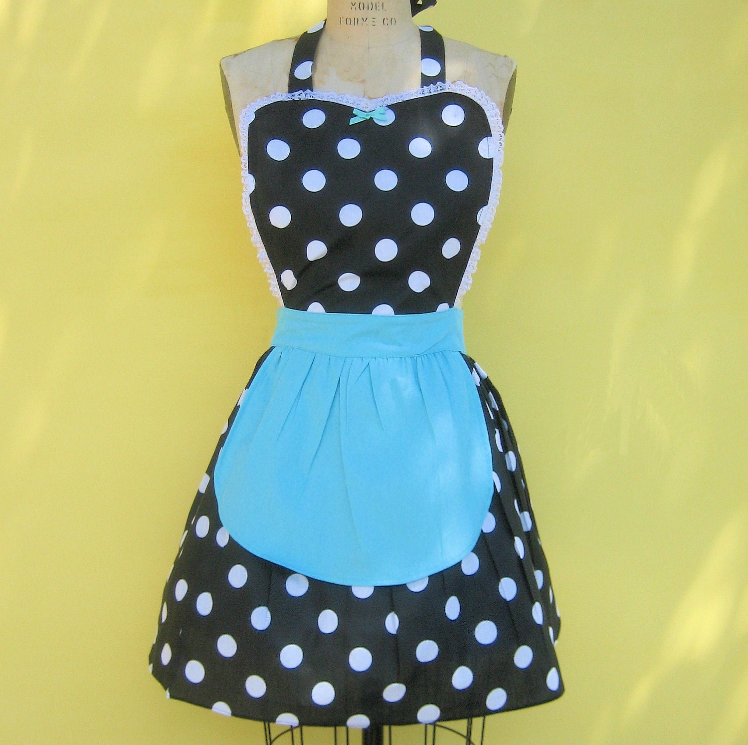 retro apron ..... RETRO black polka dot apron with turquoise fifties details sexy hostess gift vintage inspired womens full apron