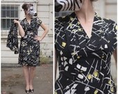 Vintage 40s 50s Black Wiggle Dress with Awesome Gathered Collar and Matching Suit Jacket with Peplum- sz M