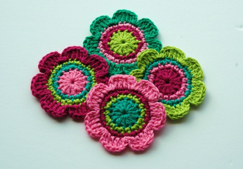 Crochet Applique Flower Motifs - Wine and Lime