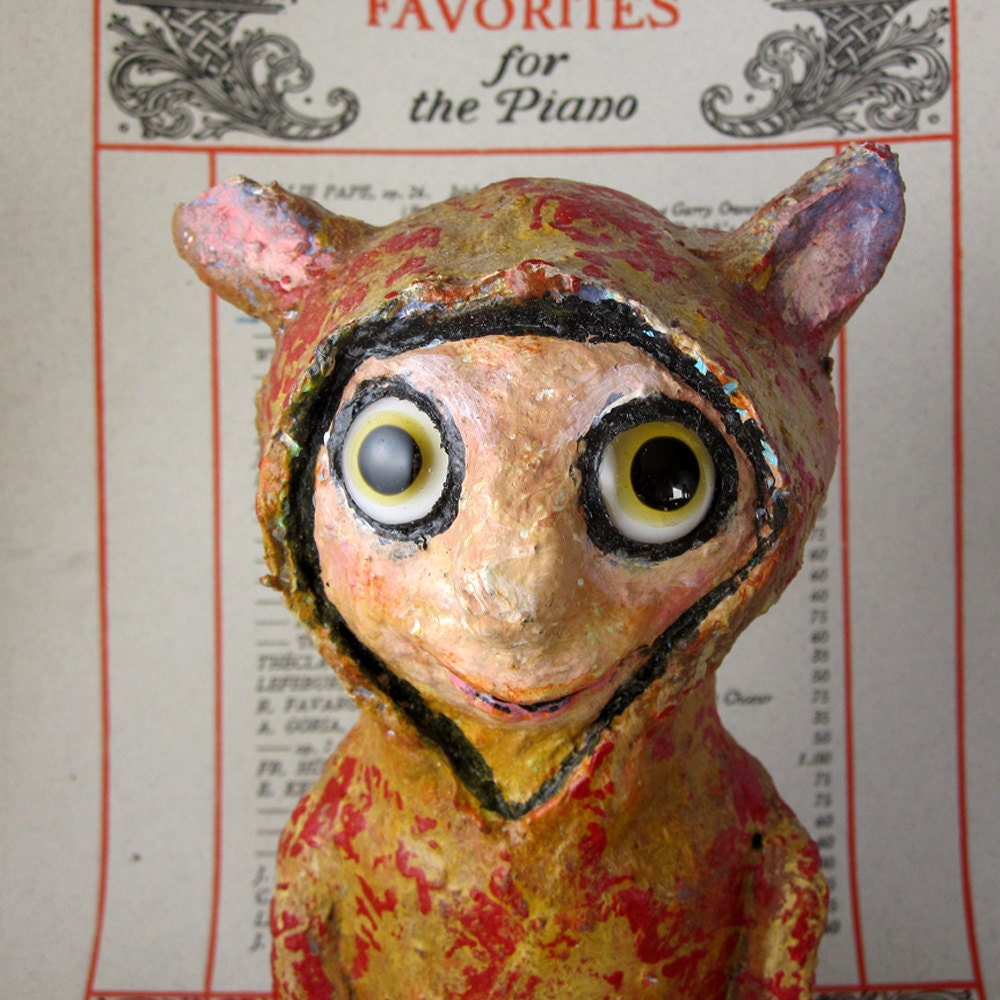 Fauna is cousin to Pan the mythological faun Paper mache paper clay hand painted OAAK primitive folk art figurine for home decor,
