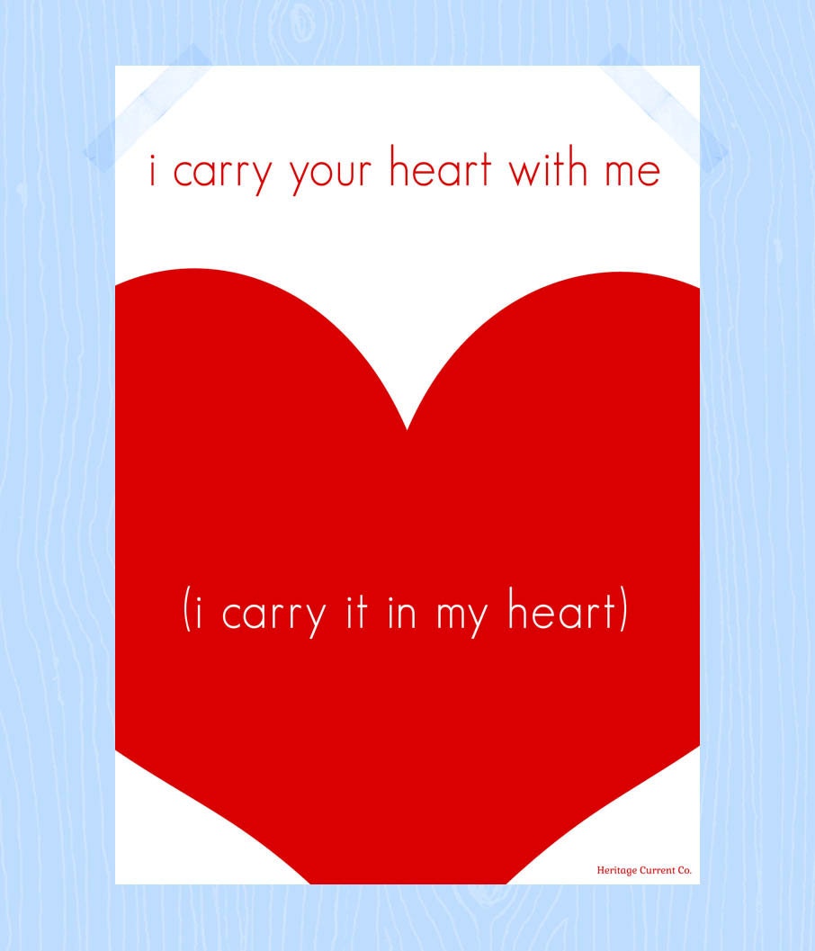 I Carry Your Heart Printable 5 x 7 E.E. Cummings Love Quote Digital Print Red White