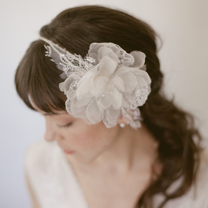 Bridal hair piece - Headband, Sheer Organza Fascinator, Chantilly Lace 766