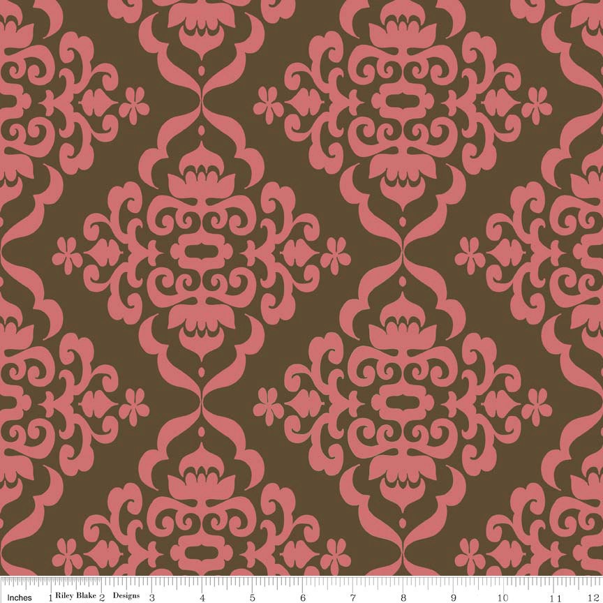 Riley Blake, Fiona, Brown, Hot Pink Damask Quilting Cotton, 1 Yard, Essentials, more yardage available