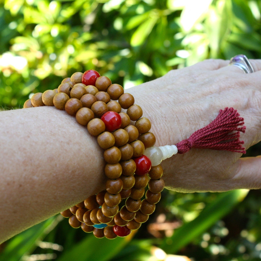 Wood Stretch Wrap Mala Bracelet - 108 Bead Nangka Wood Mala w Turquoise Howlite & Red Ceramic - Mala Bracelet