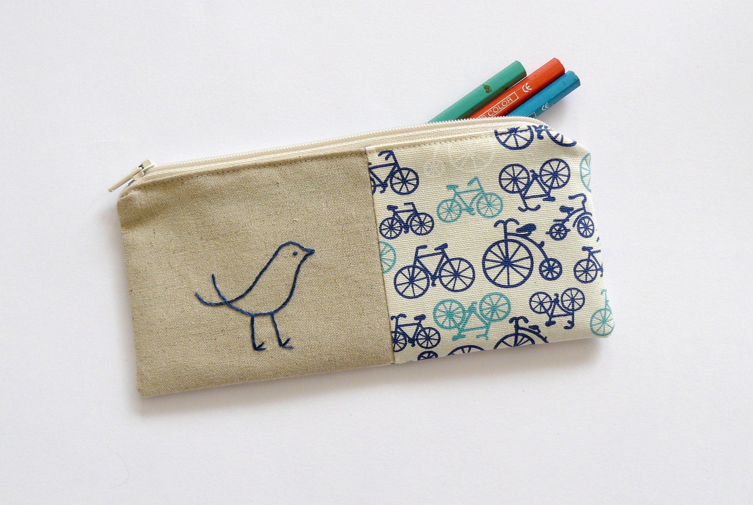 Blue bird with bikes pencil case or zipper pouch. hand embroidery with bicycle fabric
