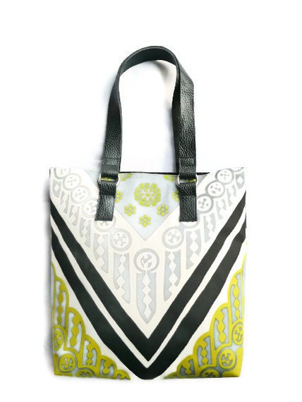 Black Leather Fabric Tote Bag Purse White Grey Chicago Fine Threads Handmade Handbag