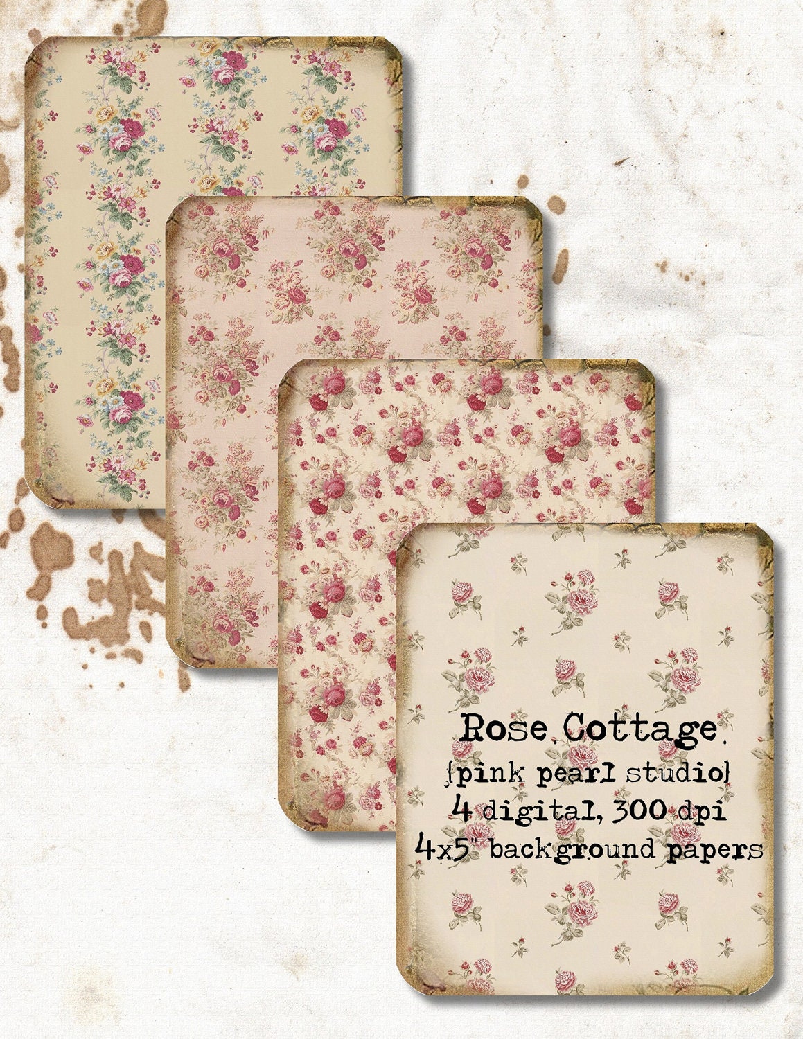 Set of 4, 4x5 Digital Four Layers of Vintage Rose Cottage Background Papers for Collage, Tags, paper crafting