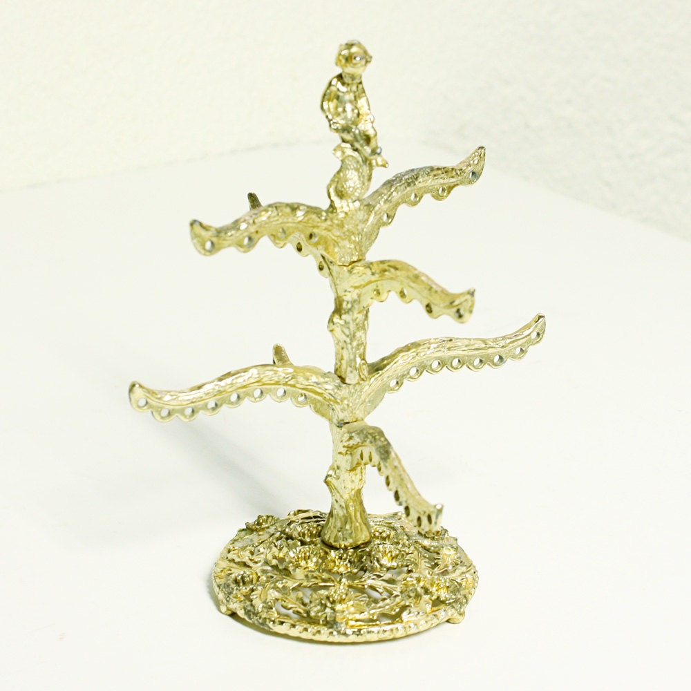 Vintage earring holder - cherub boy - stand - gold - tree -