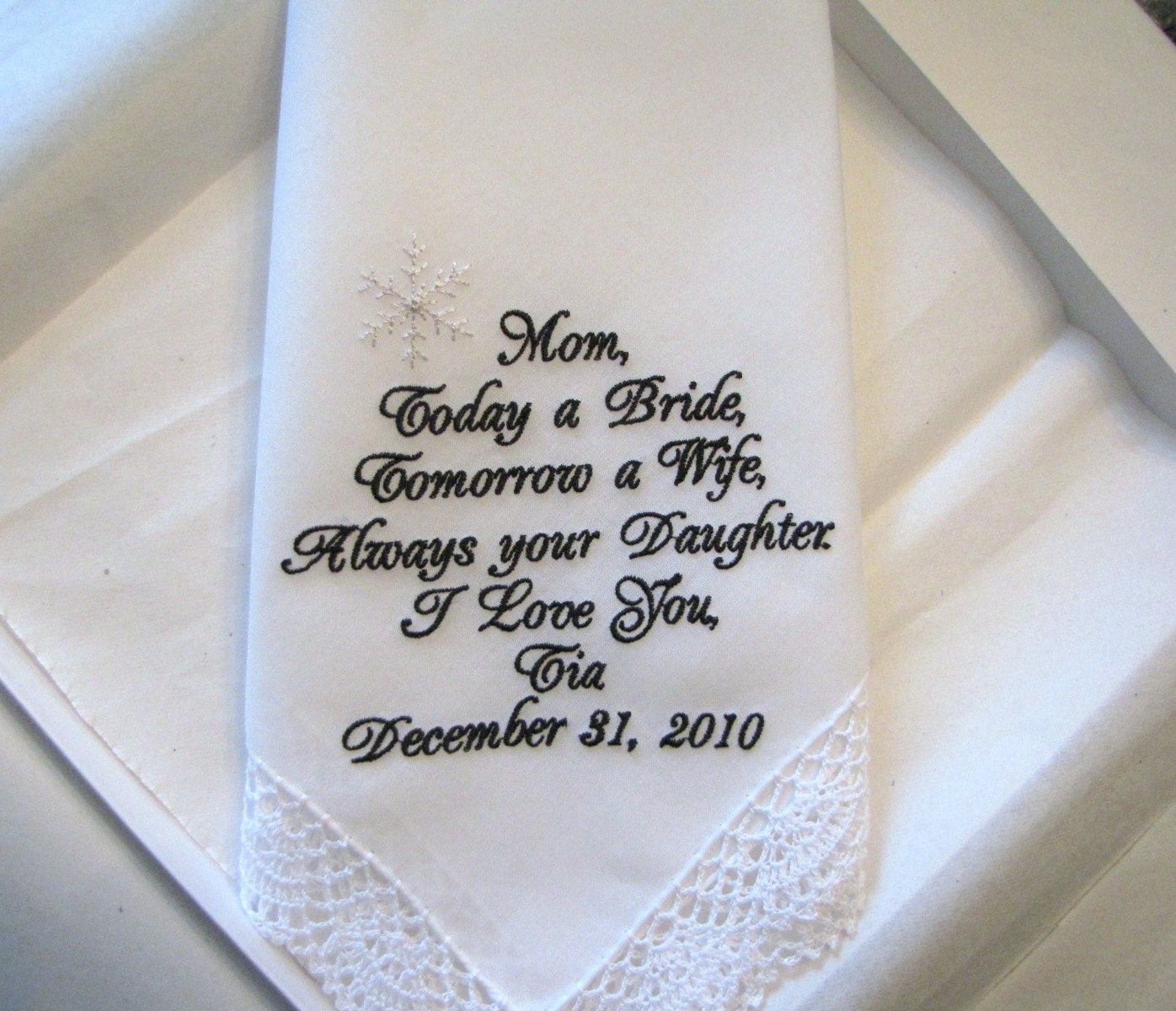 Winter Wedding Personalized Wedding Handkerchief Mother of the Bride with Snowflake