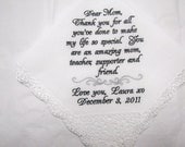 Mother of  the Bride Personalized Wedding Handkerchief with Corner Lace Trim