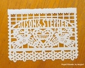 First anniversary, Original hand-cut personalized wedding papercut art, Mexican papel picado flag for framing