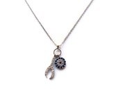 Wishbone and Evil Eye Charms Sterling Silver Necklace with Pave Swarovski Crystals