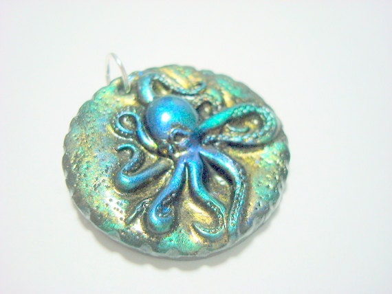 Iridescent Ocean Depths Octopus Handmade Polymer Clay Pendant