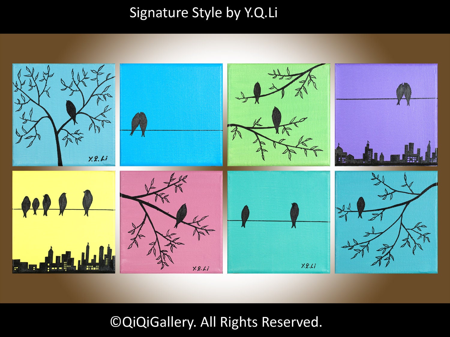Original Modern Abstract  BirdsTrees painting "Mix and Match Suburban Birds II" by QIQIGALLERY