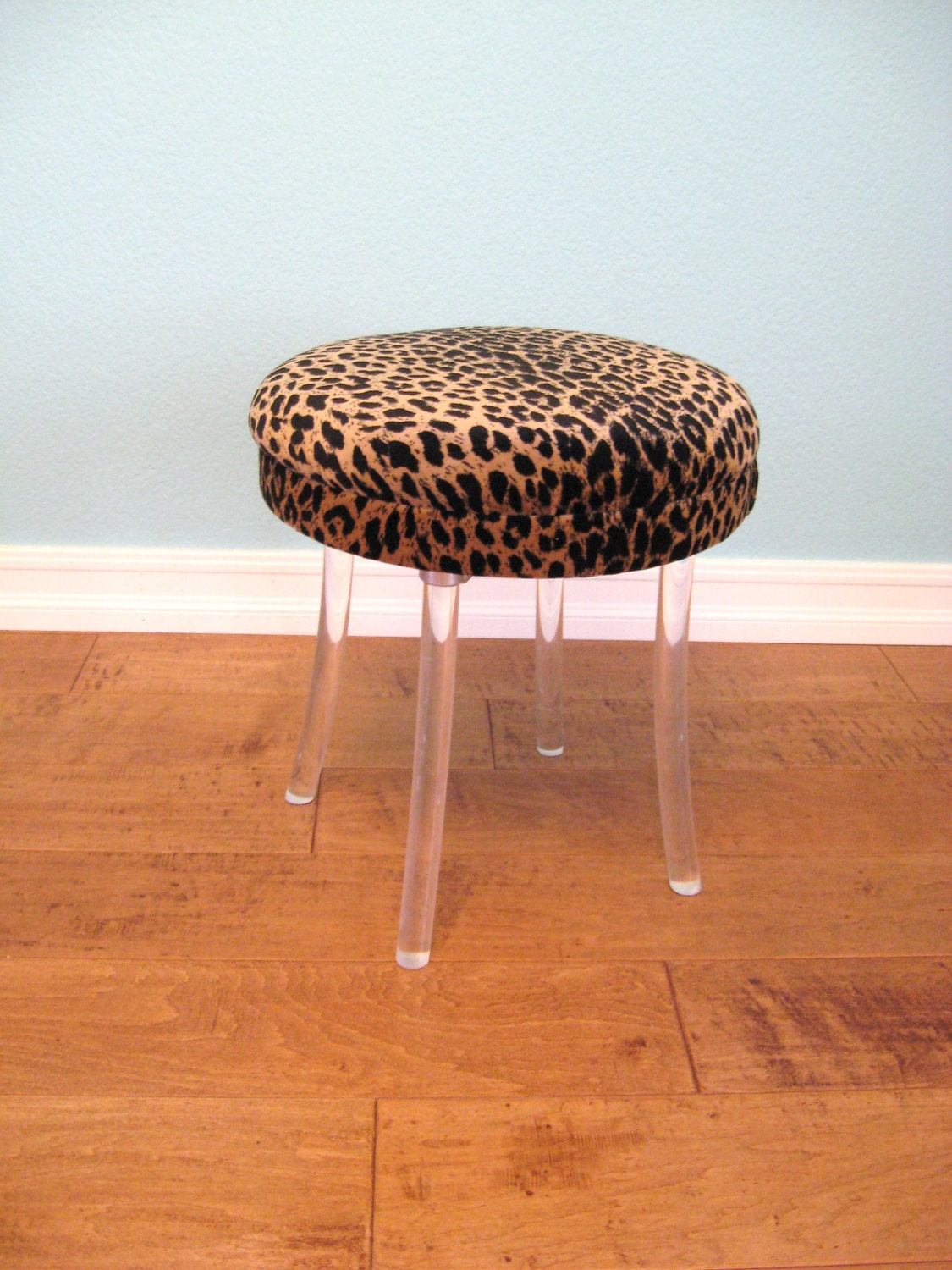 Mid Century MODERN HOLLYWOOD REGENCY Lucite Leg and Leopard Swivel Stool Chair