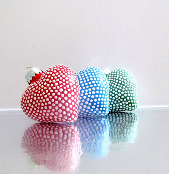 Little Dotted Heart Ornaments: Three Hand painted Puffy Glass Hearts Christmas Tree Ornaments