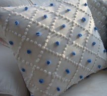 ViNTaGe CHeNiLLE  18"  FReNCH BLuE and WhiTE SHaBBy CHiC CoTTaGe  PiLLoW