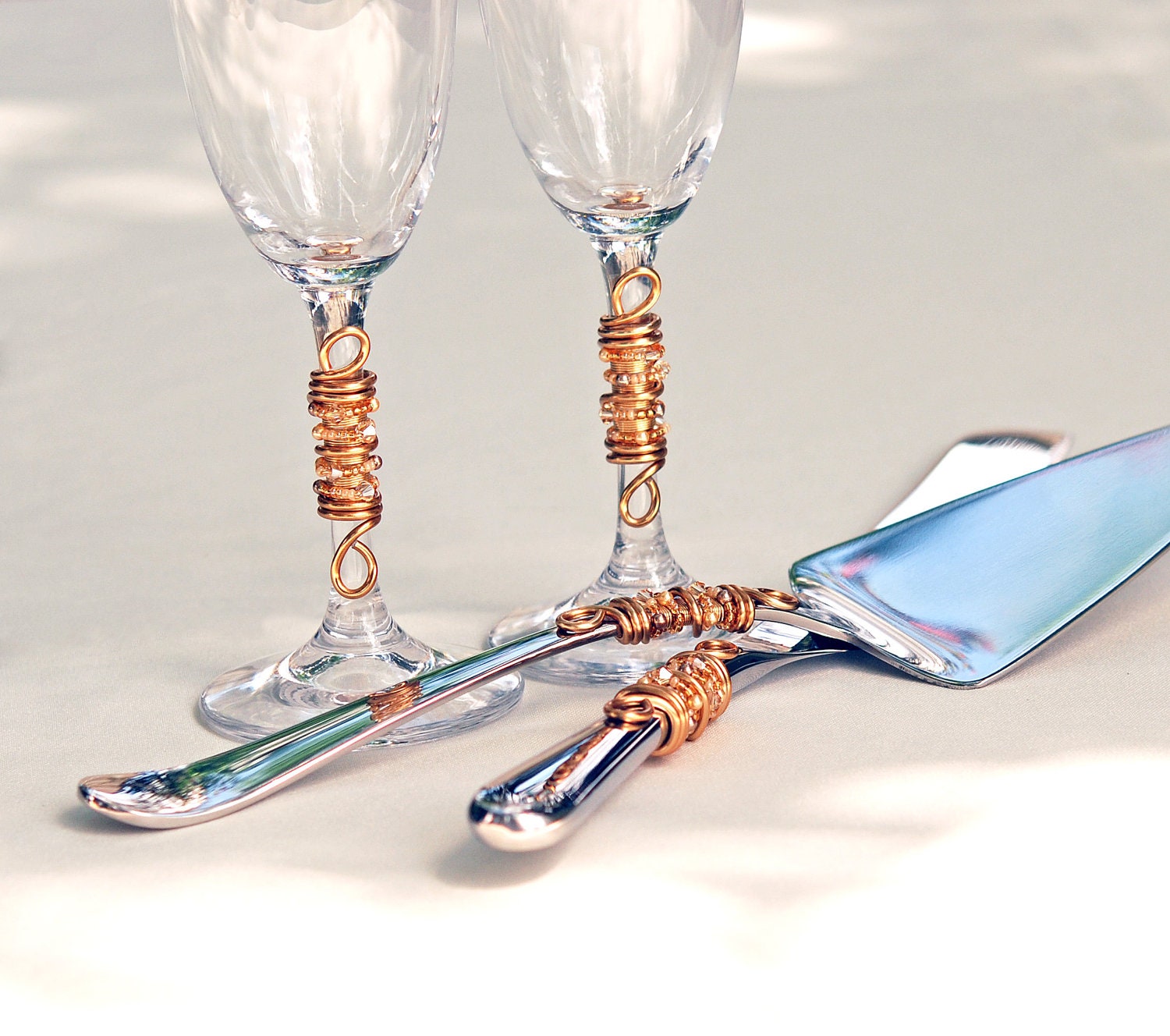 ENGRAVED CUSTOM Beaded Wedding Cake Server And Knife Serving Set And Champagne Toasting Flutes Swarovski Crystal, Pearls CHOOSE Your Colors