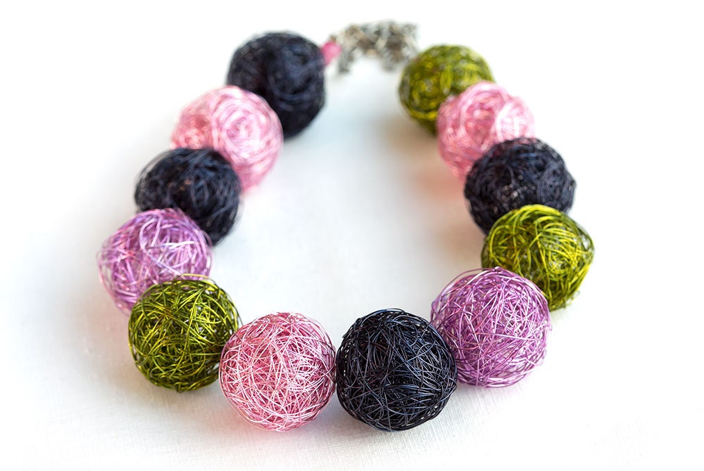wire beads necklace, handmade beads in rose, lilac, green and dark blue handcrafted unique jewelry, very lightweight, shiny and smooth