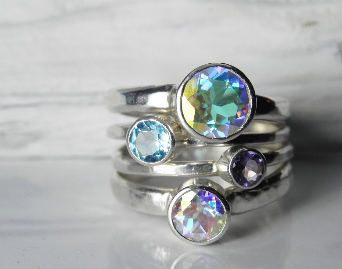 Stacking Rings- Gemstone Stack Rings -Chunky Stacker Set- Mystic Topaz Rings - Amethyst, Blue, Rainbow Gemstone Jewelry