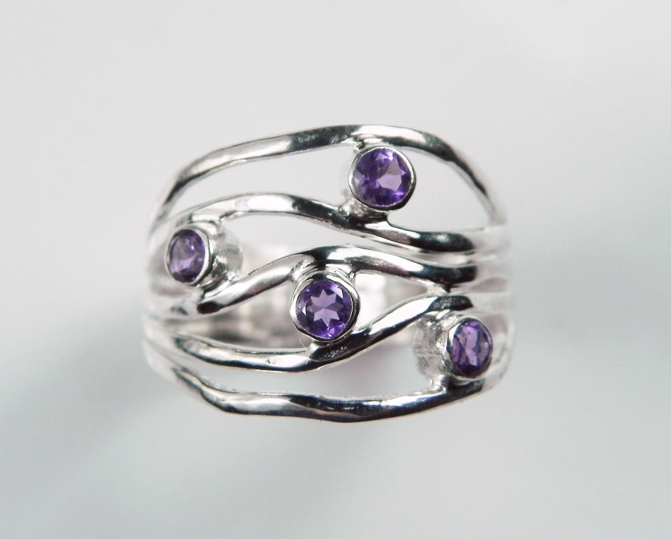 Amethyst Ring - Purple Wave Gemstone Ring - Amethyst February Birthstone - Unique Artisan Gemstone Jewelry - Sterling Silver Ripple Ring - FantaSeaJewelry