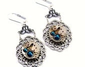 Steampunk Earrings - GORGEOUS Vintage Clockwork Design with Dark Montana Blue Swarovski Crystal - Promptly Shipped - Steampunk Jewelry
