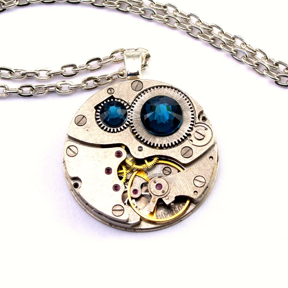 Steampunk Necklace - Beautiful Vintage Clockwork Pendant with Dark Montana Blue Swarovski Crystals PROMPTLY SHIPPED - Steampunk Jewelry