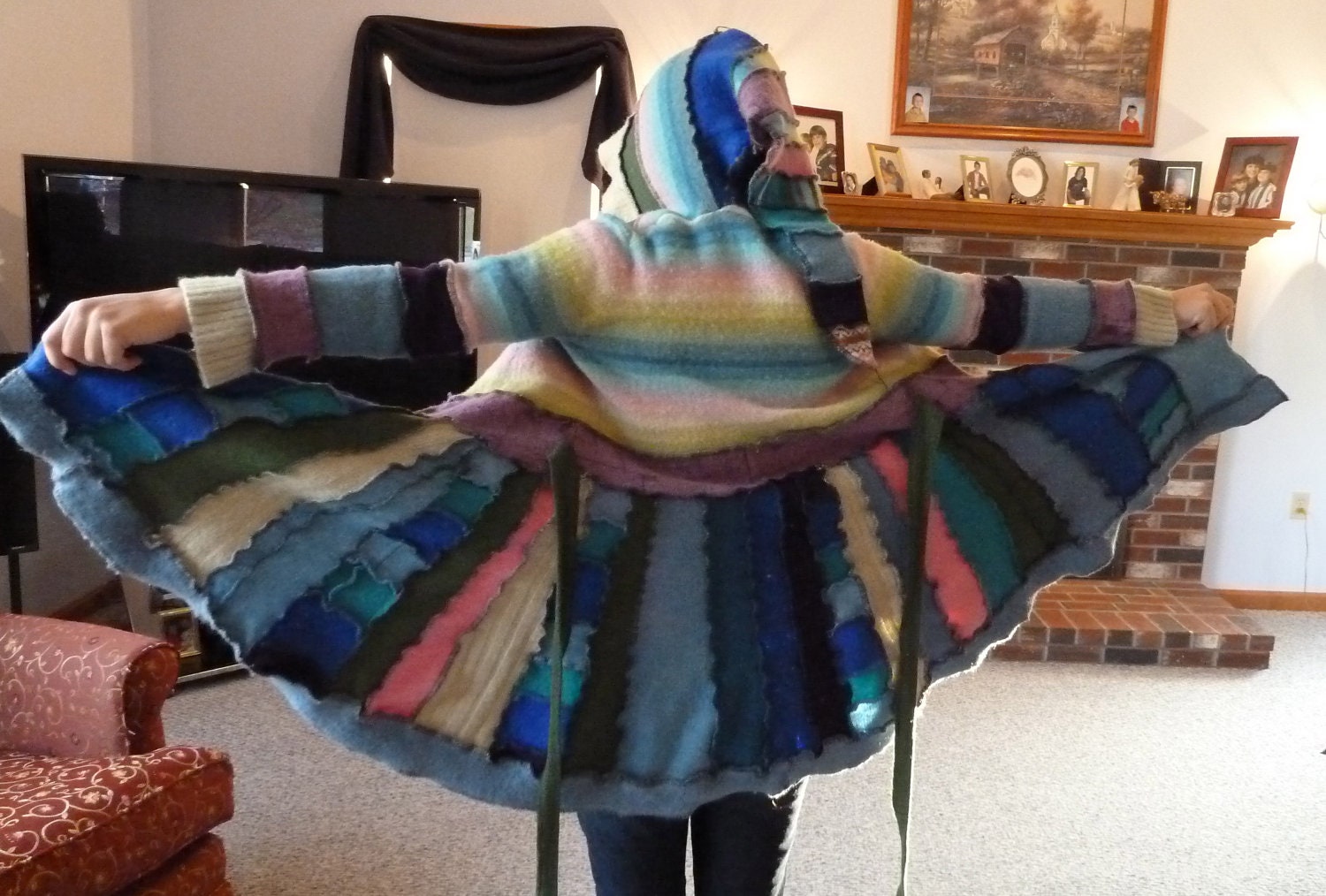 Upcycled Sweater Coat in Blue, Green, Pink, Purple 100% Felted Wool with Button Front, Hood XXS