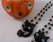 Sale OOAK Black Cat w Rhinestone Collar Necklace Blue Eyes