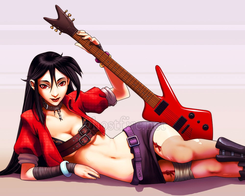 Reclining Punk Rocker Chick with Blood Red Guitar Art Print - 8 x 10" - "Punky"