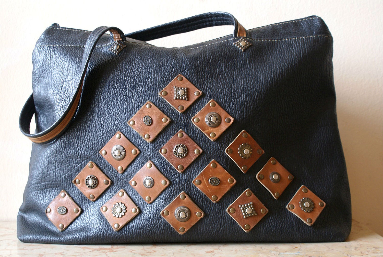Large Black and Brown Italian Tote Bag with Leather and Stud Accents