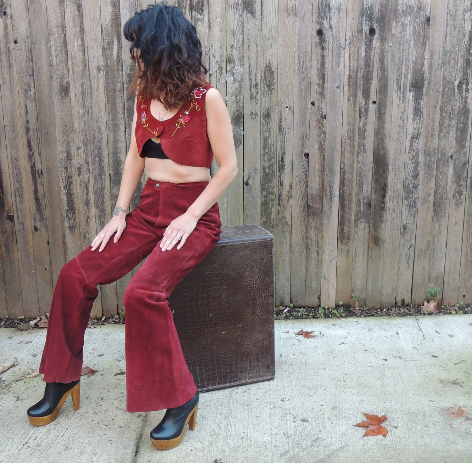 Vtg 70s Suede Embroidered Vest and Bell Bottom Pants Set sz s/m
