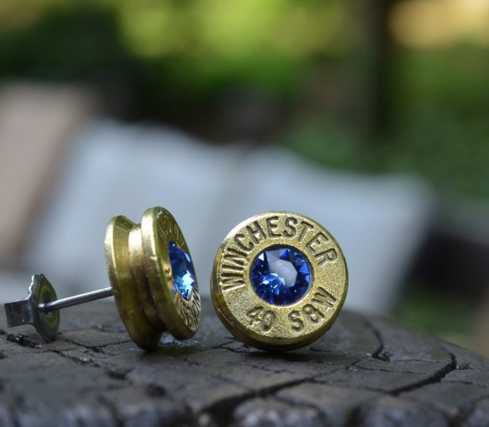 Bullet Earrings stud or post, brass/gold Winchester .40 S&W with Swarovski crystals