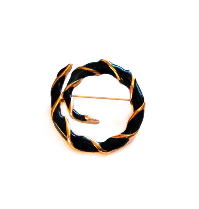 Enamel Spiral Brooch / Pin, Gold / Green