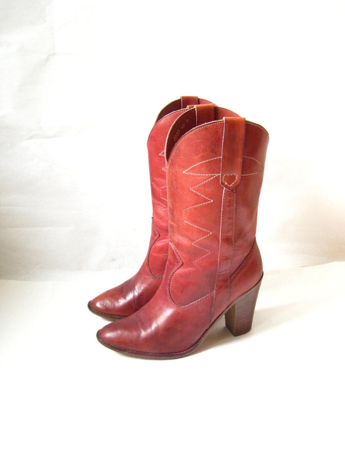 Vintage 70s Oxblood Burgundy Stacked Heel High Heel Cowboy Boots. Size 10