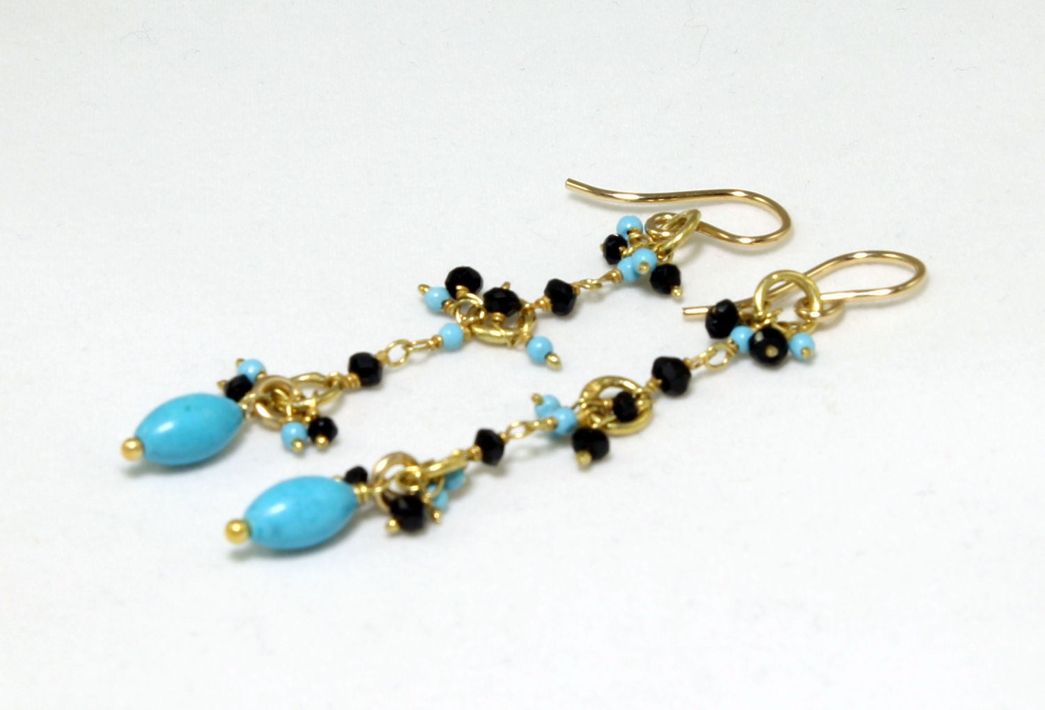 Turquoise and Black Onyx Cluster Chain Dangle Earrings