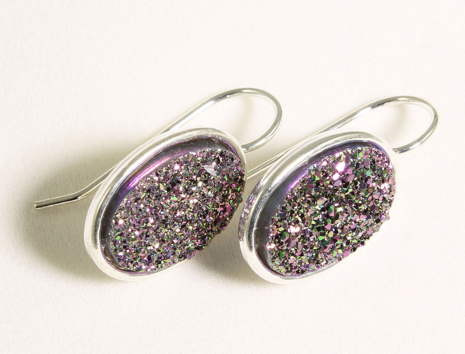 Agate Druzy Pink Dawn Titanium Earrings with Silver Bezel Settings