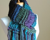 Chunky Hand Knit Scarf Drop Stitch in Turquoise Blue Black Purple Green Royal Blue