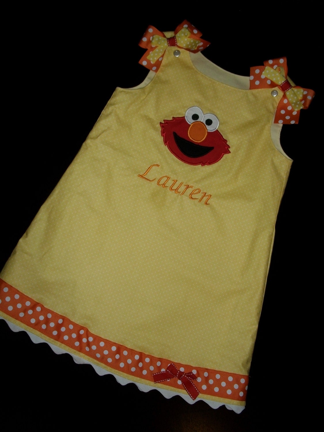 Yellow and orange Elmo Jumper Dress embroidered with your child's name
