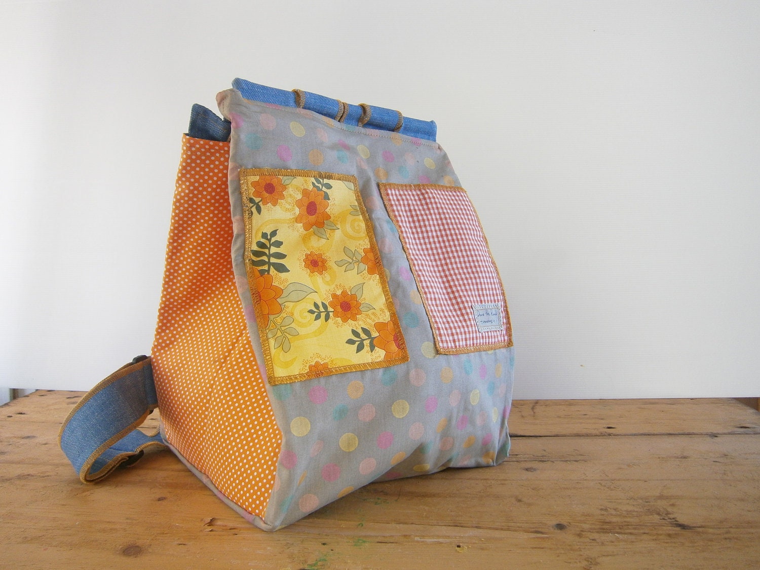 Cotton Denim Backpack with Spring Yellow Flowers, Checks and Polkadots - Perfect Diaper Bag Gift for New Mom