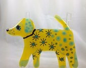 Lemon yellow, powder blue & mint green fused glass dog - wall hanging series