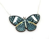 Blue Butterfly Necklace, Wood Pendant, Illustration Jewelry