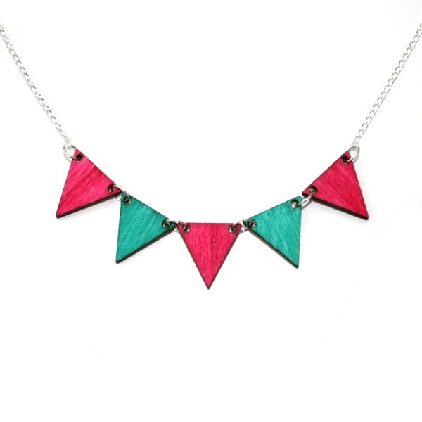 Bunting Necklace, Teal and Pink Wood Triangles