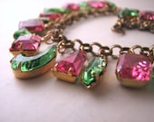 Peridot Rose  charm bracelet vintage pink and green  rhinestones