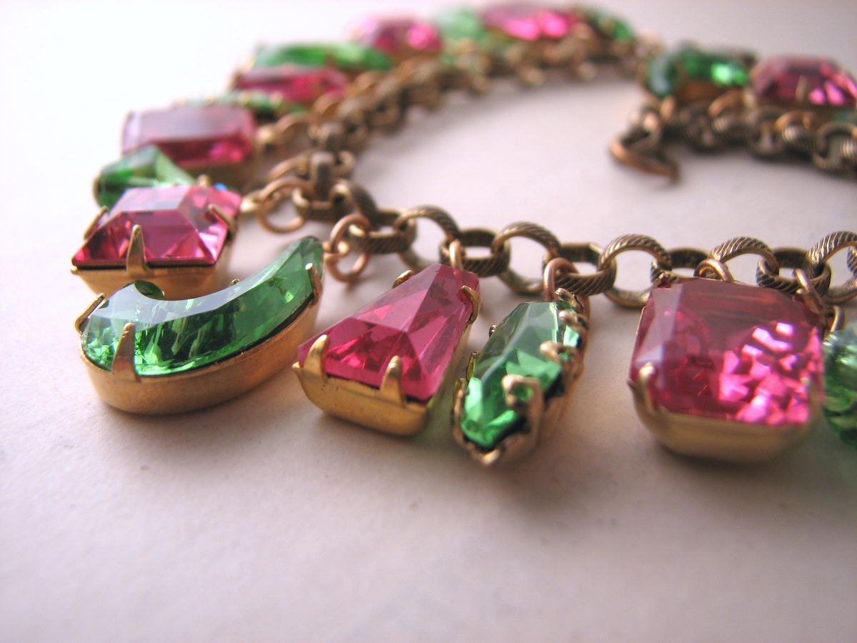 Peridot Rose  charm bracelet vintage pink and green  rhinestones