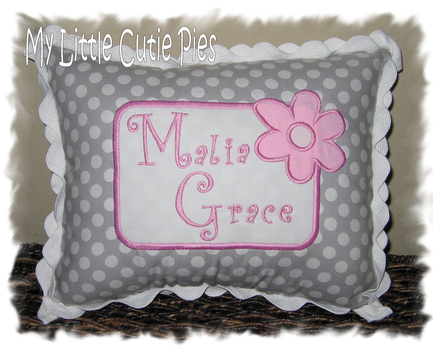 Custom Boutique Gray Polkadot Polka dot Pink Name Pillow Personalized Monogrammed Monogram