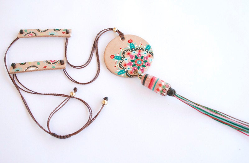 Hand painted leather pendant. Adjustable. Boho pendant